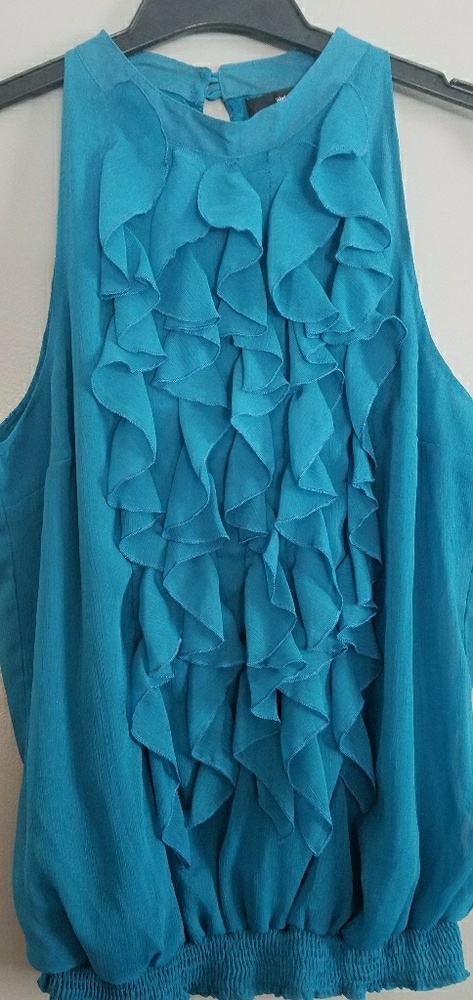 Blue mock neck, ruffle, sleeveless blouse